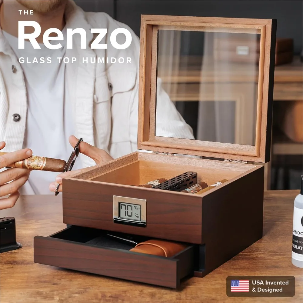 Glass Top Cigar Humidor with Thick Cedar, Easy Humidification System, Accurate Digital Hygrometer - Brown view 2