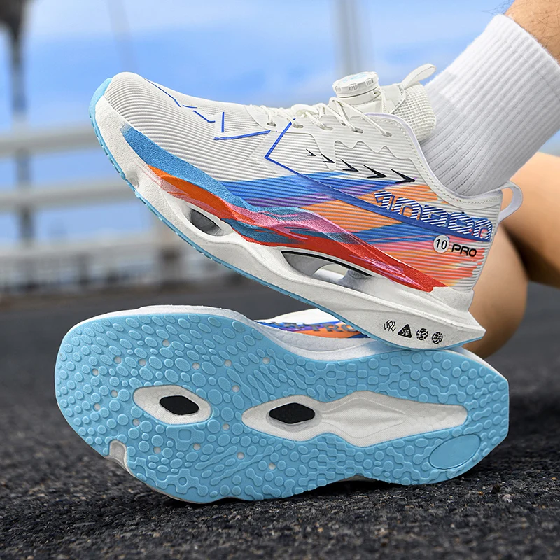 Herren-Freizeitsportschuhe mit Drehverschluss, professionelle Laufschuhe mit Carbonplatte, Unisex-Laufschuhe mit farbverlaufendem, atmungsaktivem Mesh-Material, hohe Rückfederung, stoßdämpfend, verhindert Verdrehungen, rutschfest, abriebfest, für Langstreckenläufe, Training, Fitness, Freizeitsportschuhe. – Detail 2
