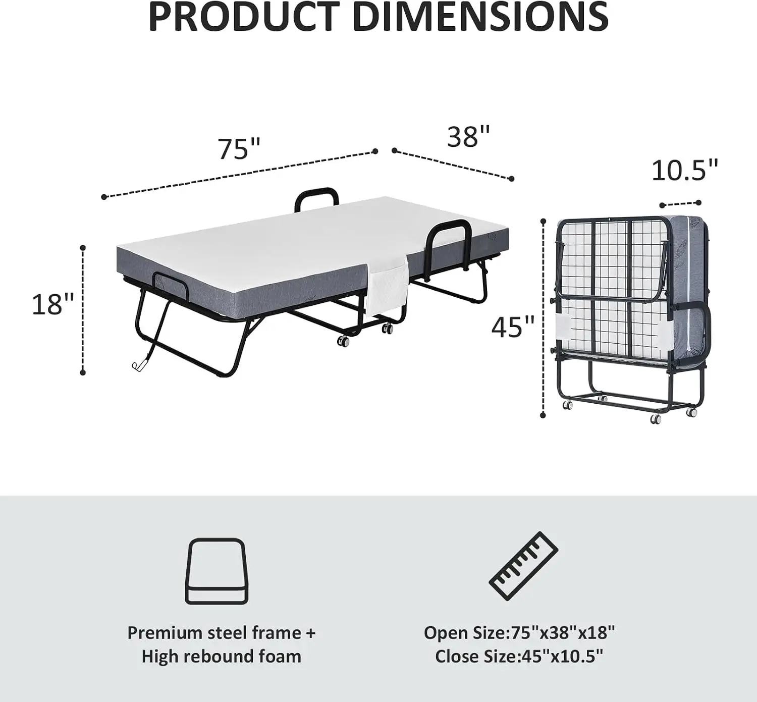 Folding Bed with Memory Foam Mattress, 75