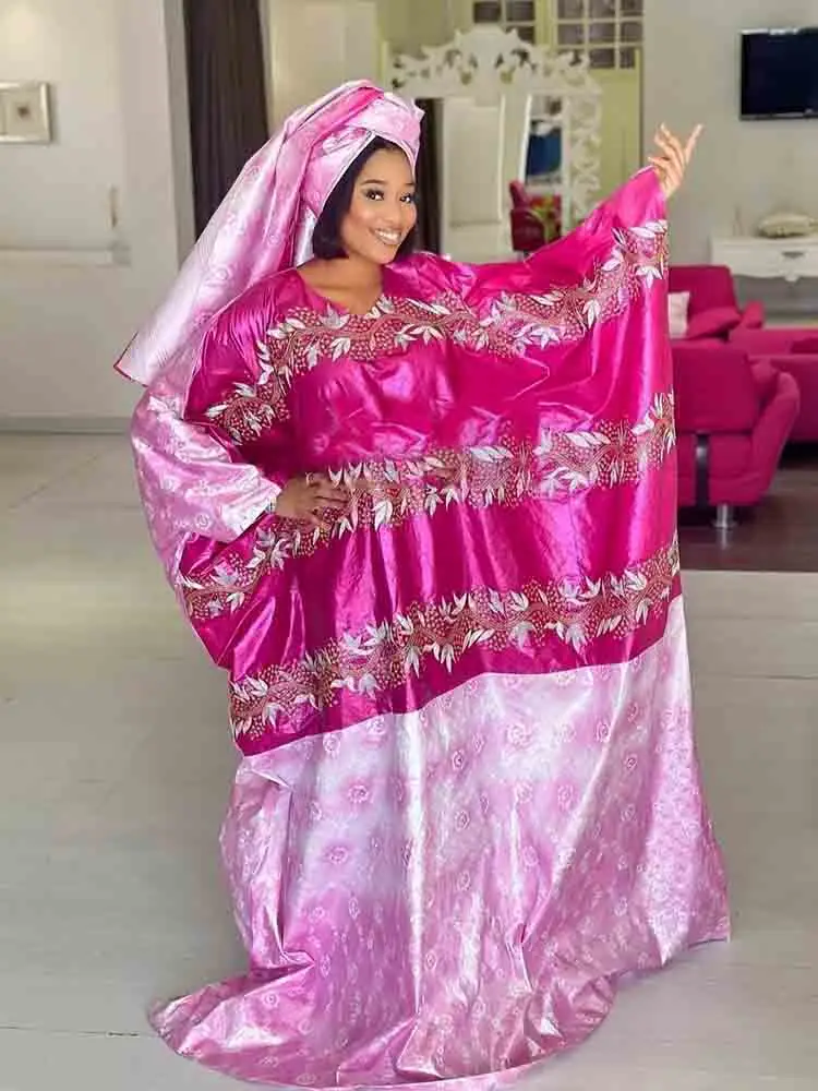 

Stylish Rose Red Riche Boubou Dashiki Robe with Headscarf for Parties, Dances, Birthdays, and African Weddings