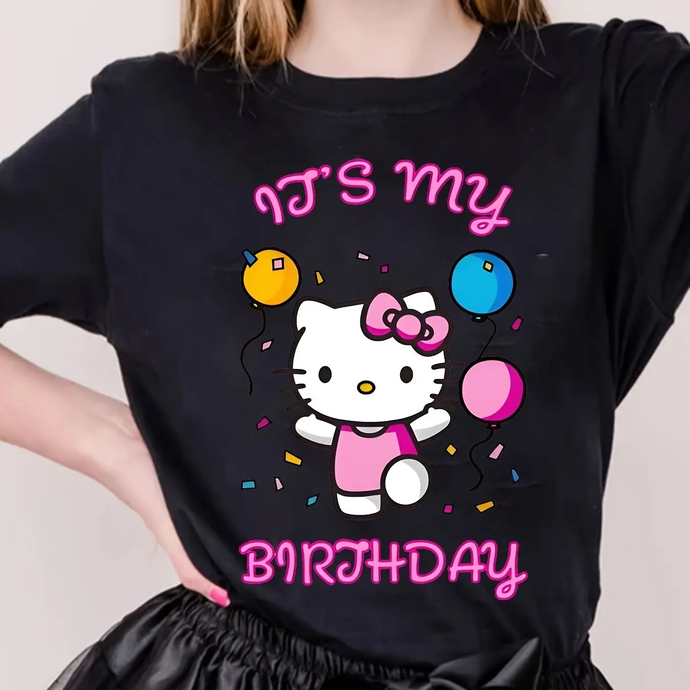 

Hello Kitty T-shirt Suitable for Birthdays, Cartoon Style, Suitable for Birthday Parties, Casual Round Neck, Machine Washable