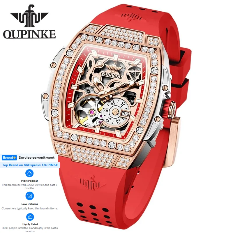 

OUPINKE 3220 Automatic Mechanical Women's Watch Skeleton Auto Date Dial Silicone Strap Luxury Elegant Women's Watch