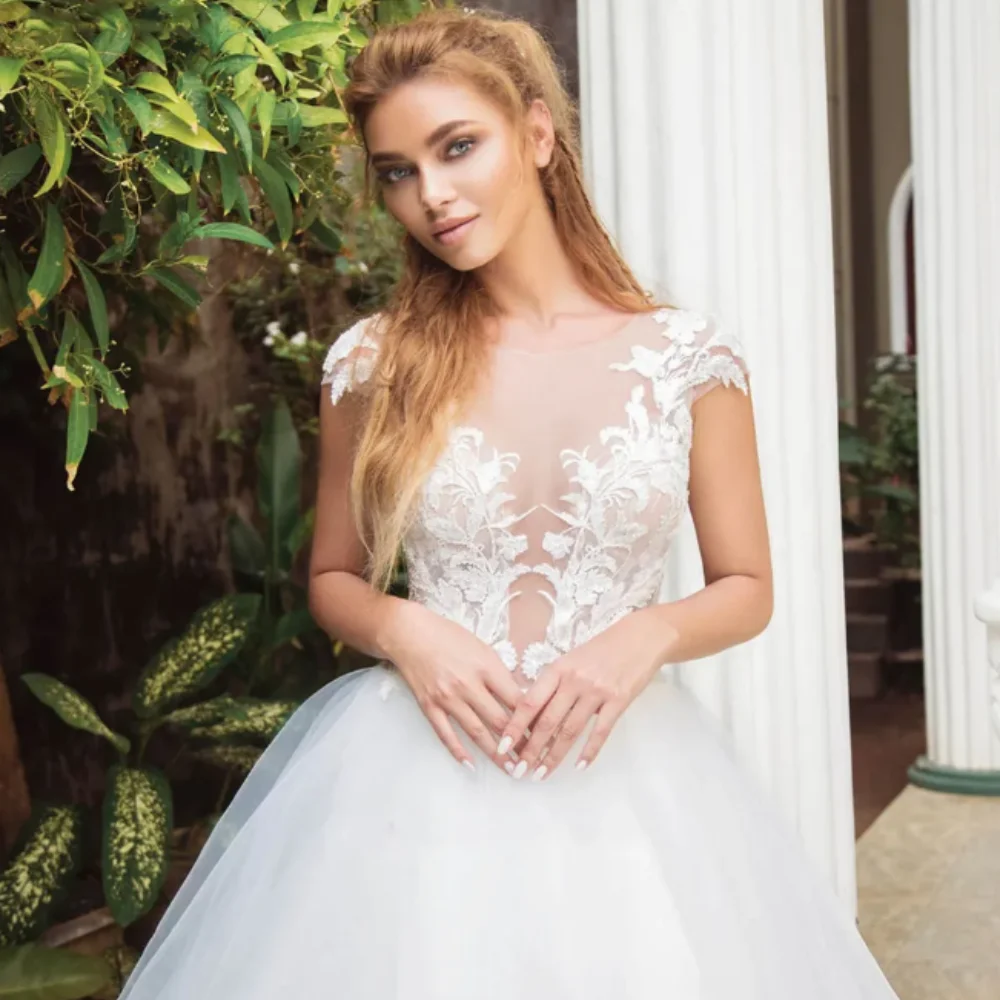 Sheer Short Sleeves Lace Appliques ALine Wedding Dresses 2024 Modest Bridal Gowns Custom Formal Soft Tulle Robe De Mariee Cheap