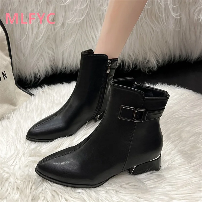 

Fashionable Winter New Boots Thick Heel Short Boots Zipper Frosted Short Sleeve Women's Boots Pointed Single Boot