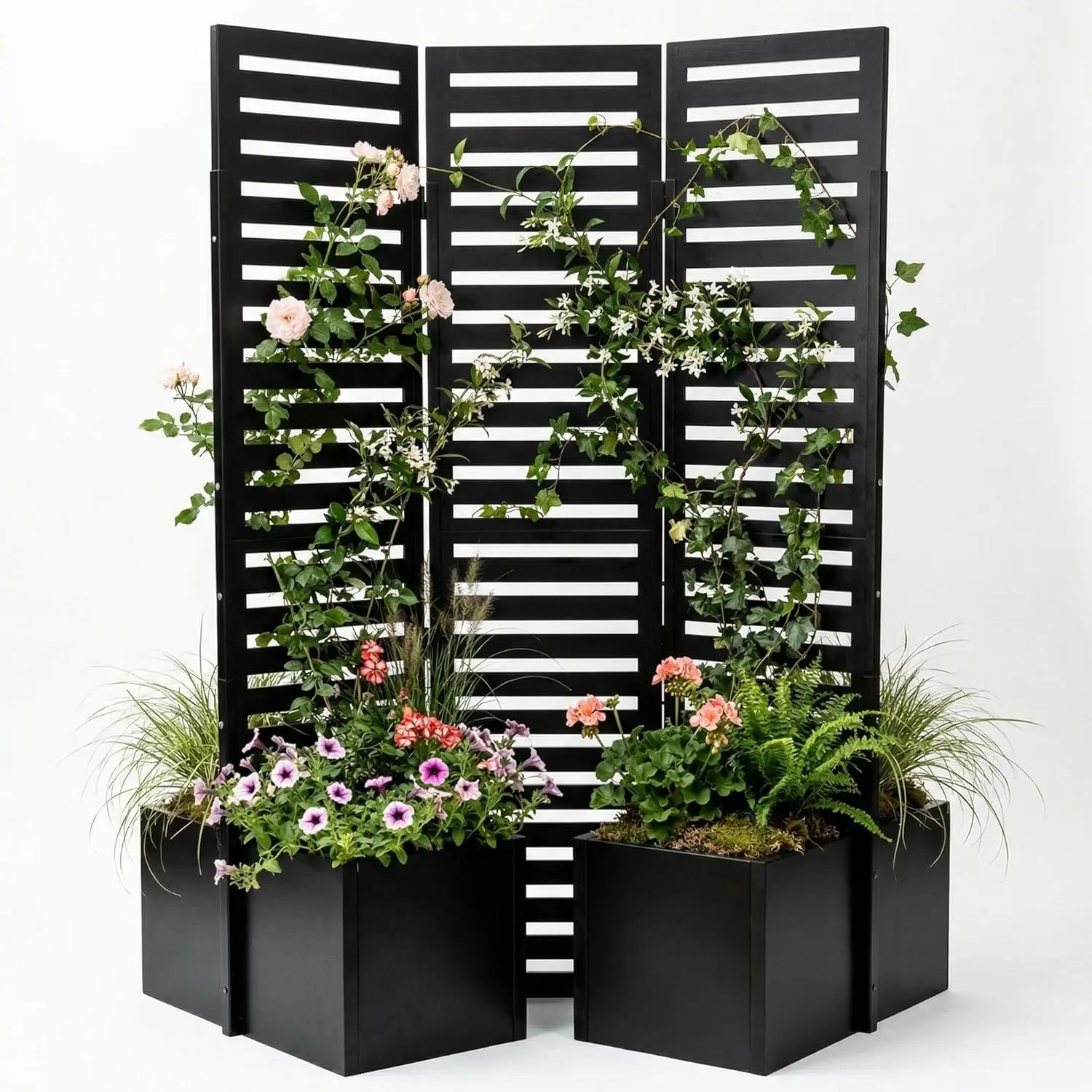 Freestanding 3-panel Privacy Screen with Raised Self-draining Metal Planter