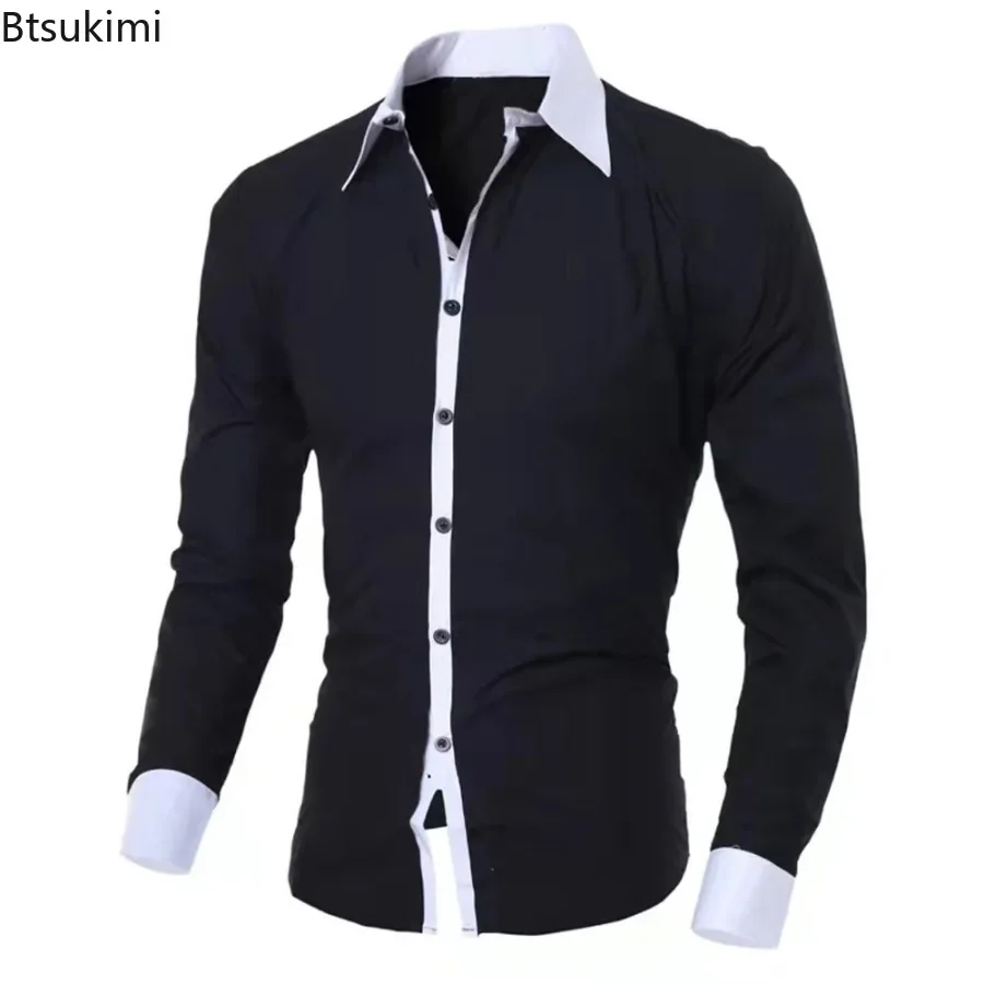 2025 Spring Autumn Dress Shirts for Men Fashion Patchwork Formal Business Social Long Sleeve Shirt Male Slim Casual Office Shirt
