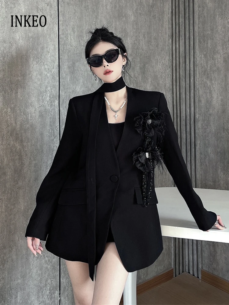 

Элегантный дизайн, блейзер с цепочкой и цветочным принтом, женский черный, уличный пиджак с v-образным вырезом, тонкий, весна-осень 2026, INKEO 5O114