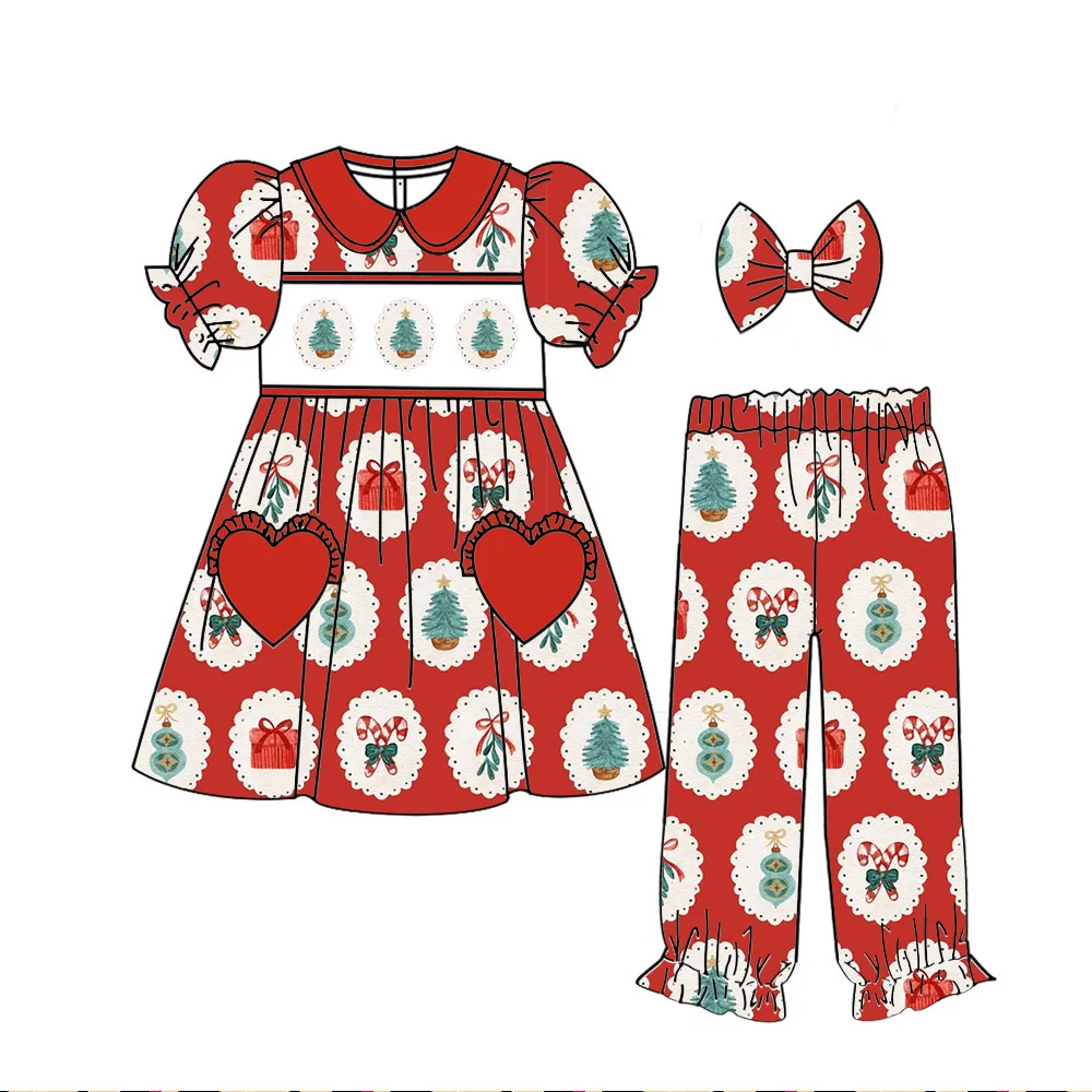 Hot Sale Boutique Girls' Sets Lapel Short Sleeved and Long Trousers Love Pocket Christmas series Print Custom