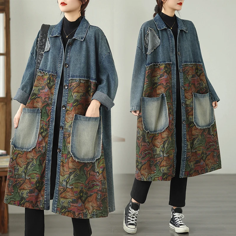Loose Fitting Slimming Print Patchwork Single Button Mid-Length Denim Sle Coat with Large kets Women's Spring Autumn Jaet