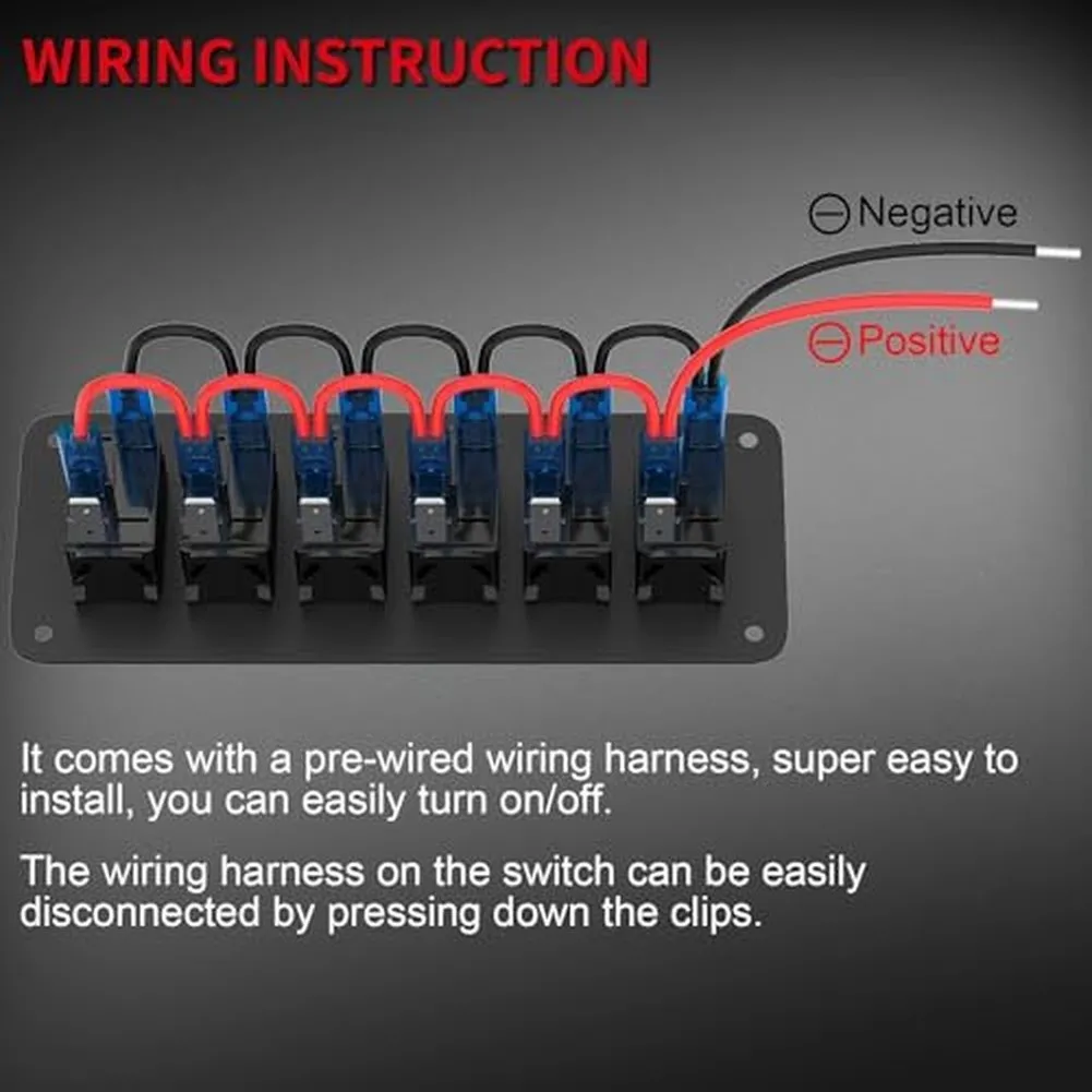 Black 6 Gang Switch Panel Waterproof Pre Wired Harness With LED For Marine Automotive 12V 24V Vehicle Electrical Control