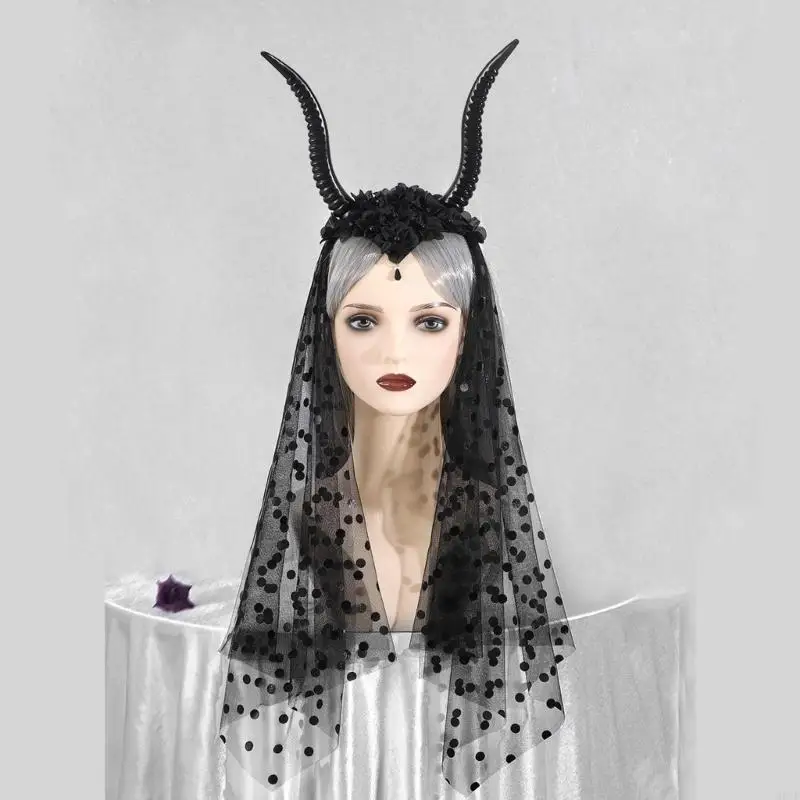 M6CD Halloween Thema 3D Horn Stirnband Punk Kostüm Haarhoop mit Schleier für Cosplay