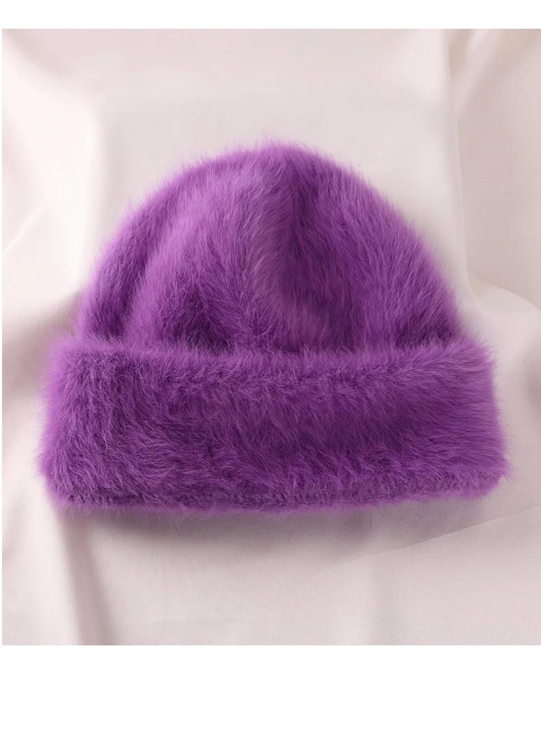 2023 Angora Flauschige Strickmütze Kaninchenfell Wintermütze für Damen Damen Mode Warmer Plüschschädel Damen Dicke Fleecemützen – Detail 32