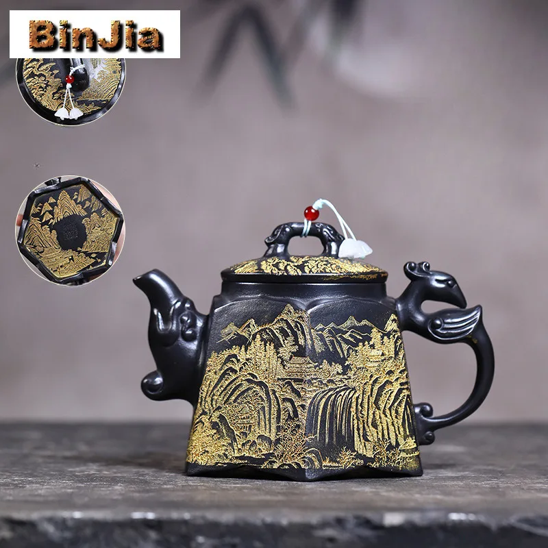 

360 мл антикварные чайники Исин из фиолетовой глины, горшок ручной работы с драконом и фениксом, необработанный рудный камень, желтый грязевой чайник, китайский чайный сервиз Zisha, ремесло