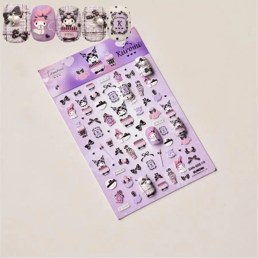 1PCS 5D Raised Texture Sanrio Nail Stickers Anime Cartoon Nail Art Ornaments Edgy Goth Girl Aesthetic Portable Stickers