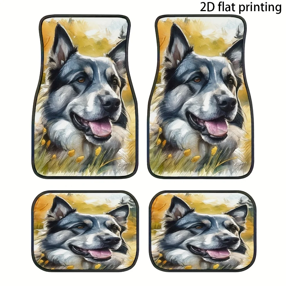 4pcs Car Floor Mats, Featuring A Smiling Husky Animal Design, Universal Car Mats, Made Of Polyester Fiber, Automotive Decorative