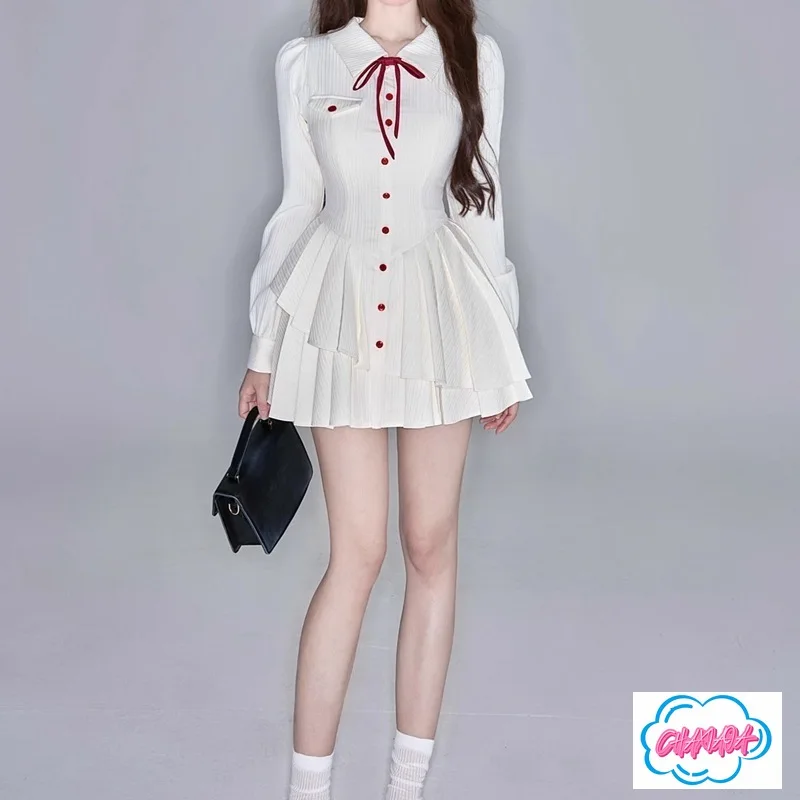 ฤดูใบไม้ร่วง รสหวานแบบฝรั่งเศส ​ ​ มีปก ​ ​   เสื้อเชิ้ตแขนยาวจีบระบาย คอปก ทรงเข้ารูป ดีไซน์โดดเด่น หรูหรา สไตล์นักเรียน พร้อมกระโปรงทรงพอง