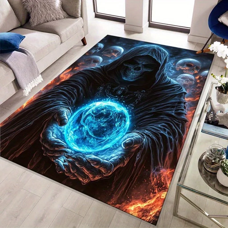 1pc Grim Reaper Holding Blue Magic Orb Skull Area Rug, Versatile Home Decor, Ideal Gift, Perfect for Living Room Bedroom