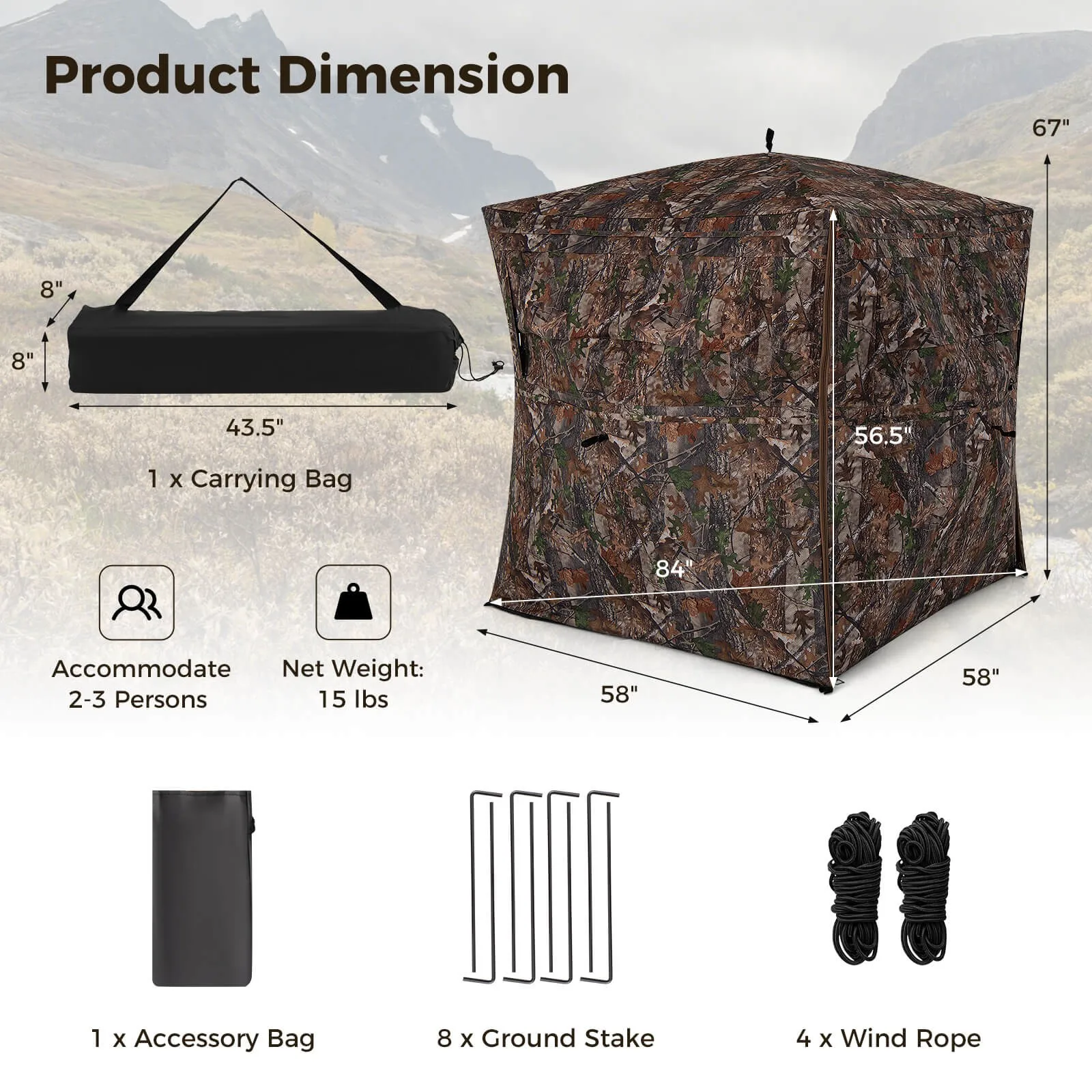 360 Degree One-Way See-Through Hunting Blind w/ Full-Open Door Carrying Bag view 2