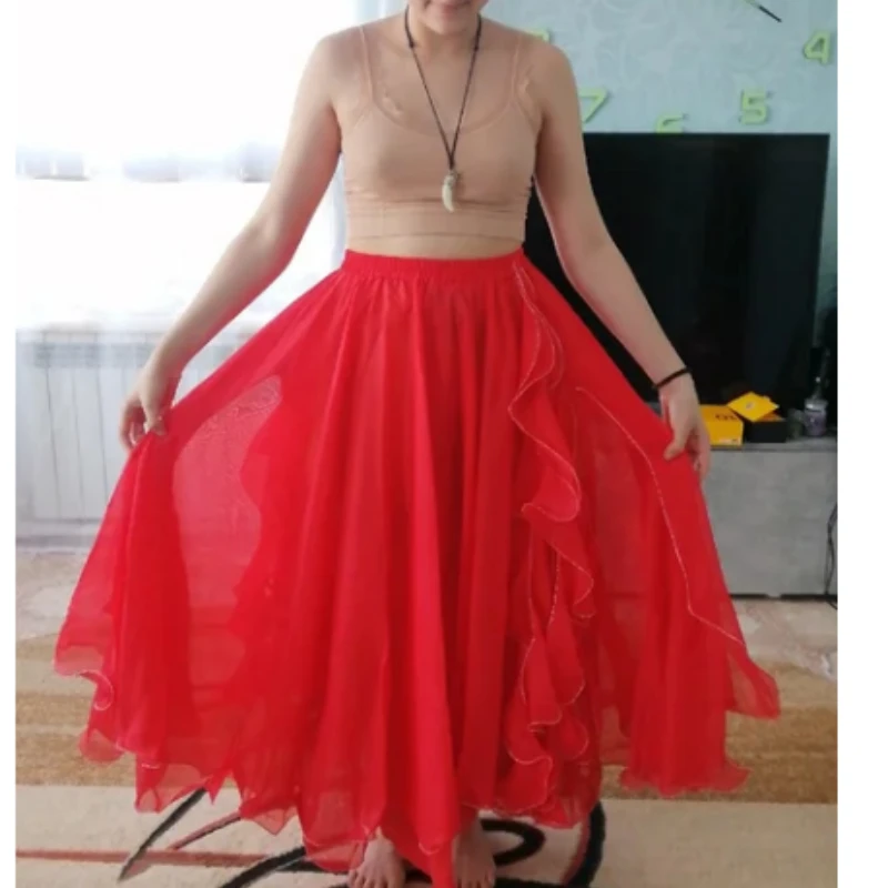 Belly Dance Skirt, Chiffon Rolled Leaf Double Slit, Belly Dance Gauze Skirt for Female Performance Practice, Without Belt