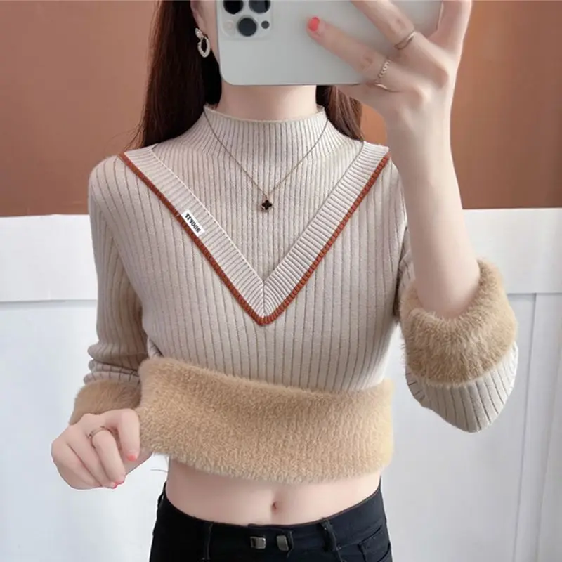Women Mock Two Piece Fleece Lined Knit Sweater Mock Neck Thick Warm Long Sleeve Inner Top For Autumn Winter