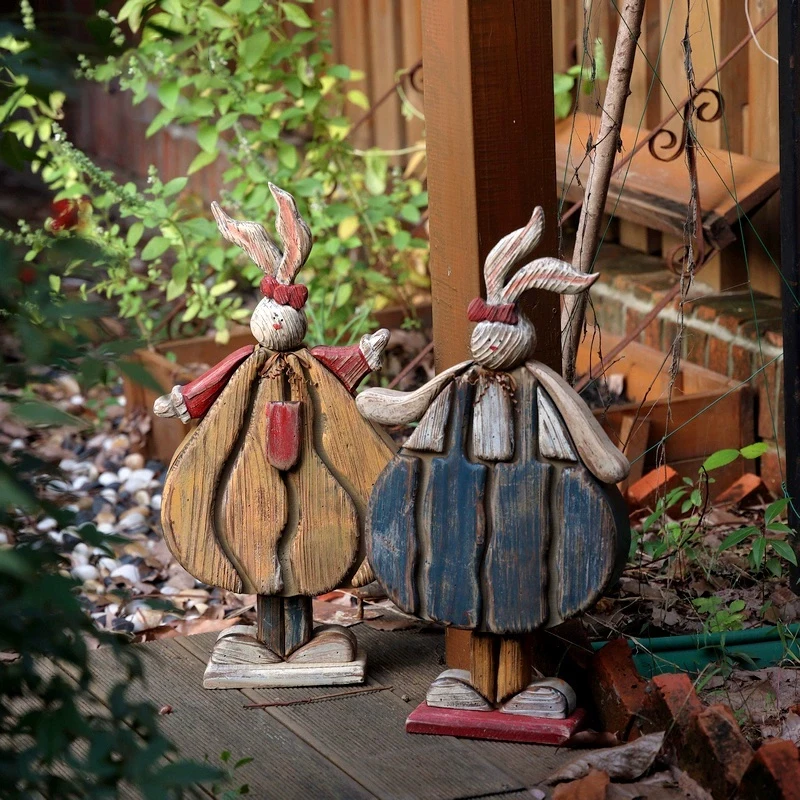 Wooden Rabbit Ornaments Full Of Vitality Country Style Fine Craftsmanship Distressed Farm Easter Rabbit Statues For Courtyard