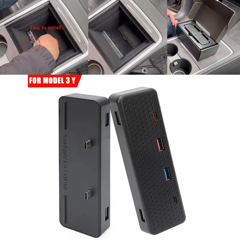 Hub Splitter USB per Tesla Model 3 Y 2021 2022 ricarica USB Splitter 6 in 1 porta, Docking Station USB Hub Cable Charger Extension