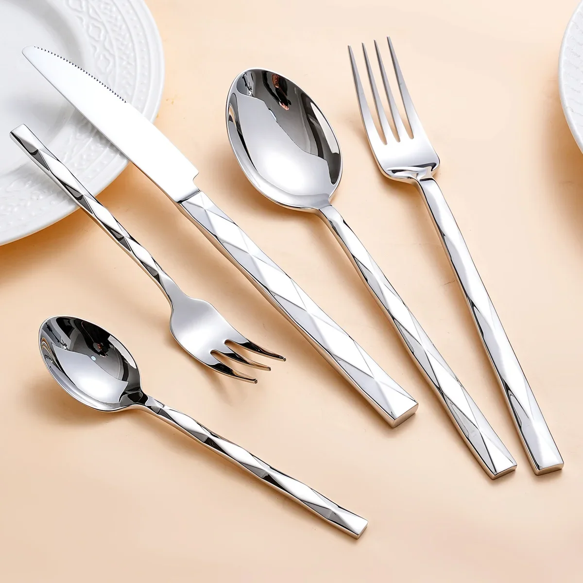 Diamond 3D Texture Luxury Stainless Steel Cutlery Set, Creativity Gift Set, Flatware Silver 304, Europe Fashion, Drop Shipping