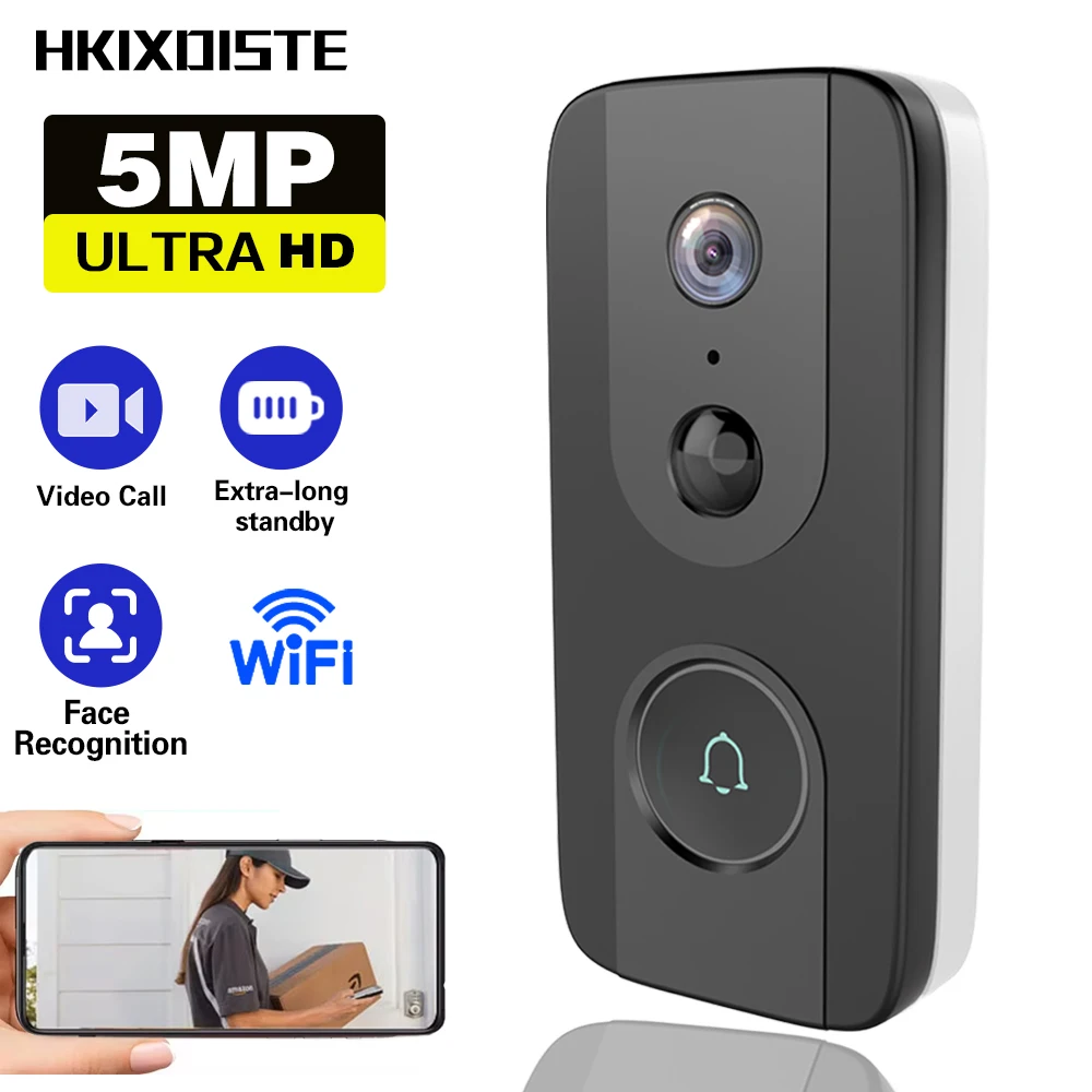 

5MP Waterproof WiFi Video Doorbell HD Camera Smart Door bell Battery Powered Security Video Intercom Free Storage Playback