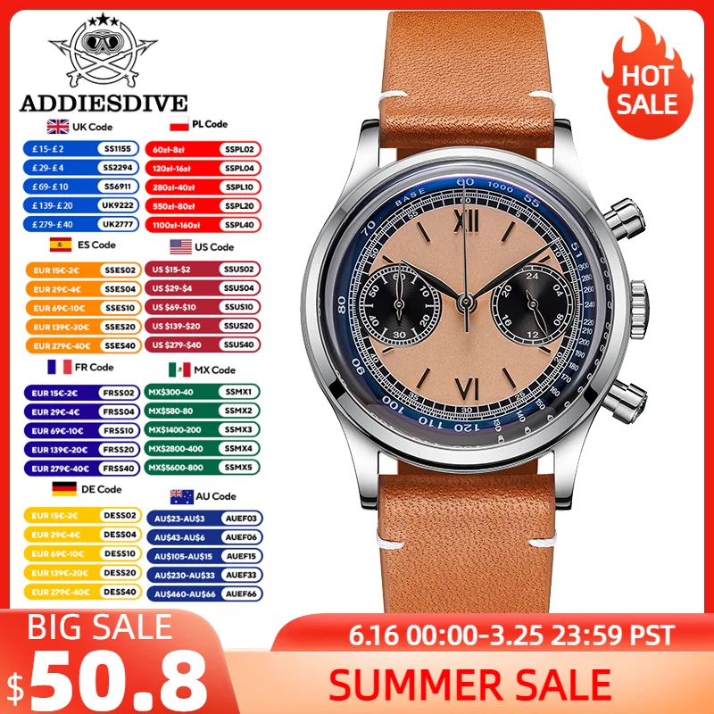 

ADDIESDIVE 38mm Men's Watch Leather Strap 100m Waterproof Chronograph Wristwatch AR Coating Glass Quartz Watch for Men Reloj New