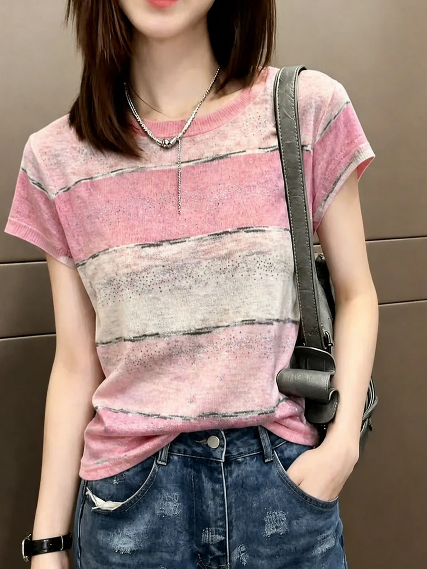 Camiseta de Manga Corta con Diseño de Bloques de Color, Suave y Agradable al Tacto, Estilo Coreano, con Rayas, Cuello Redondo, para un Look Juvenil