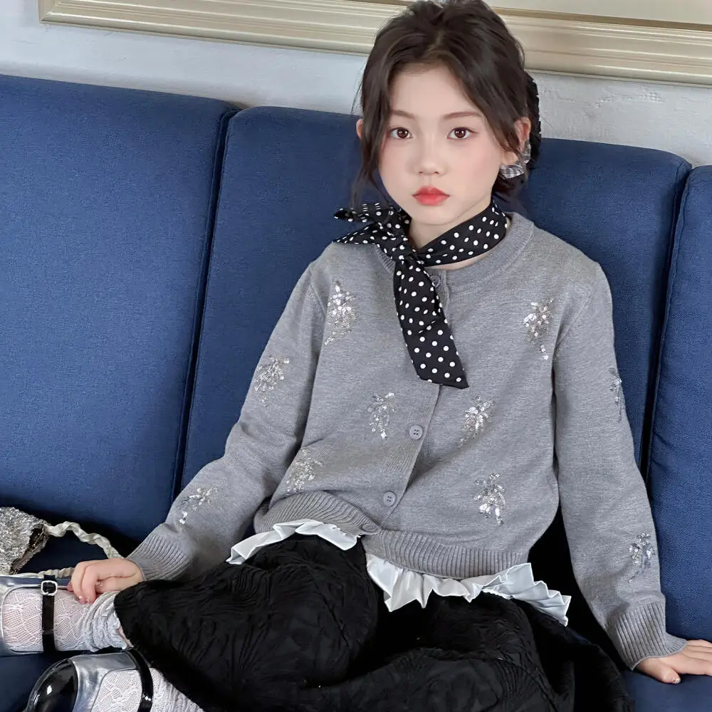 

Hot Kawaii Girl Fashion Cardigan Sweater Student Autumn Casual Round Neck Long Sleeves Knitwear Coat Tops Children's Clothing