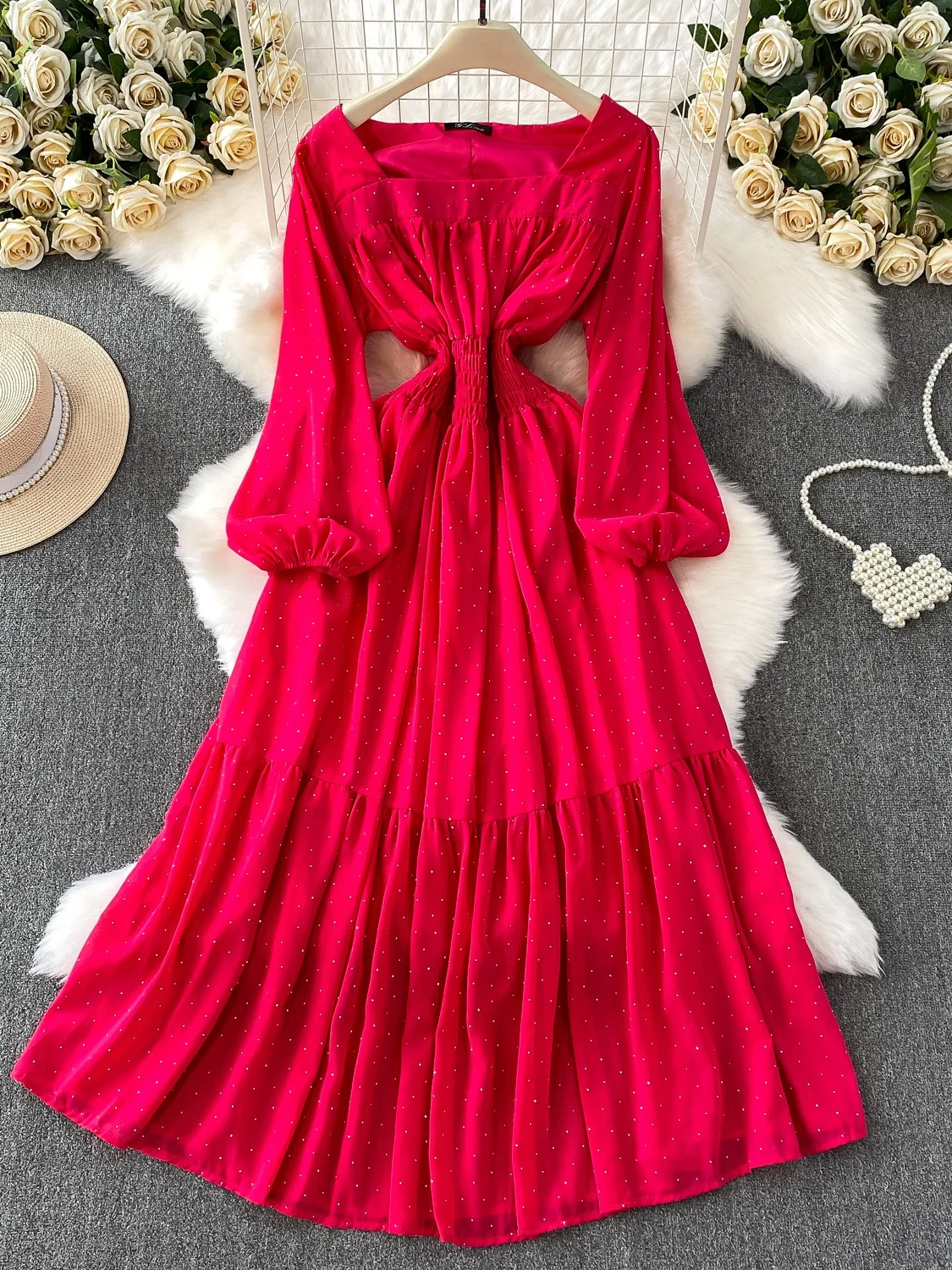 Ele High-End Sparkling Evening Dr Square Ne Long Skirt Women's Summer Elastic Pleated Waist Contraction Dr