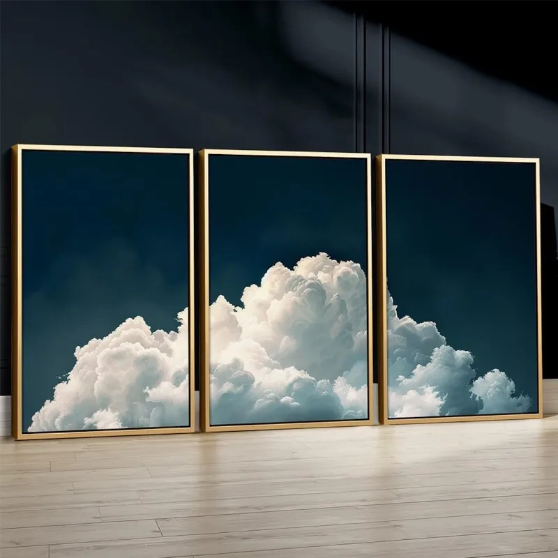 Blue Cloud Bedroom Wall Art Over The Bed Set of 3 Prints, White Cloud and Blue Sky Wall Art, Above Bed Decor, Frameless Art