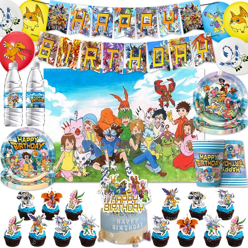 Digimon Adventure Geburtstagsparty-Dekoration Digital Monster Teller Becher Ballon-Set für Jungen 1-9 Jahre Geschenk Babyparty-Zubehör