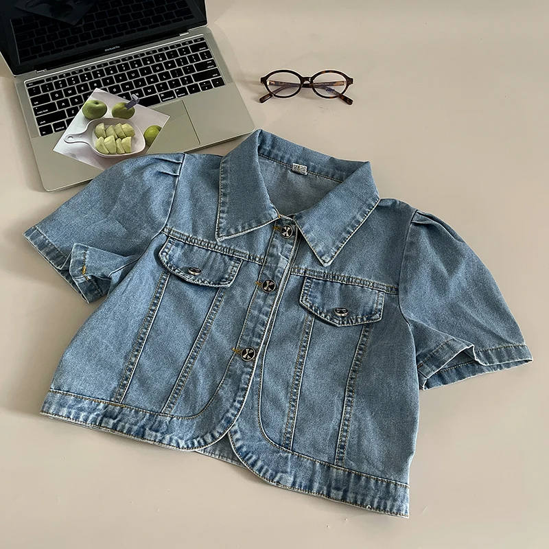 

Women Short Denim Shirt Streetwear Retro Turn Down Collar Short Sleeve Cardigans Tops Summer Casual Fashion Single Breasted Coat