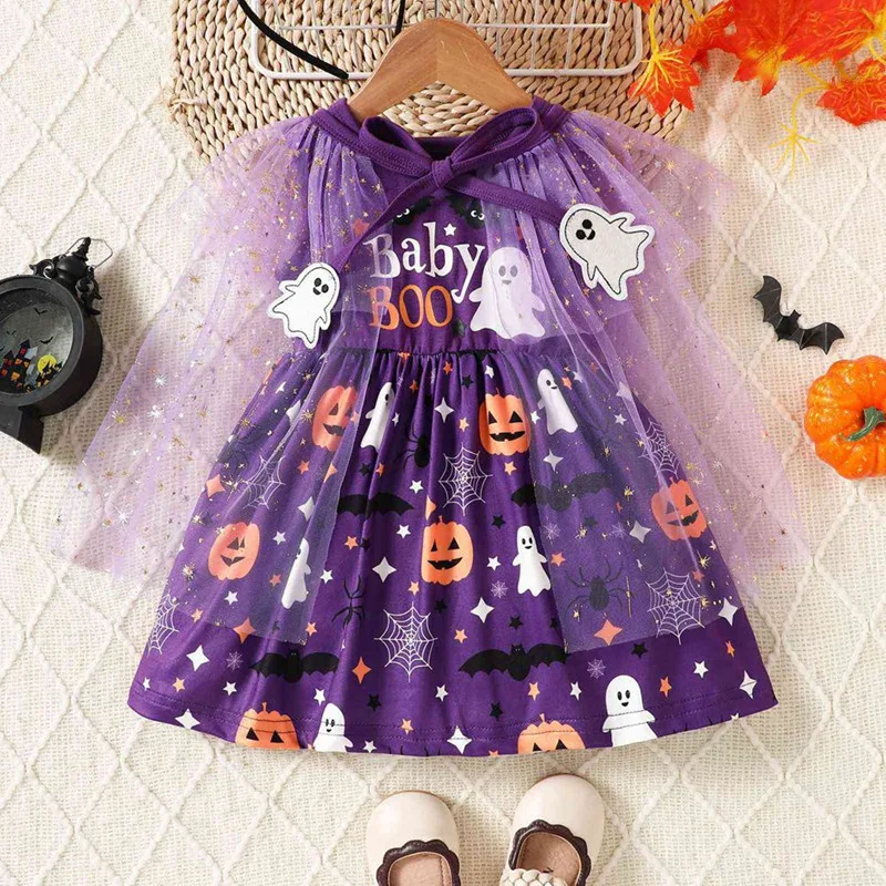 Halloween Baby Clothes 0-3 Y Pumpkin Ghost Printed Girls Dress Mesh Cloak 2 Pcs Claus Sleeveless Dresses