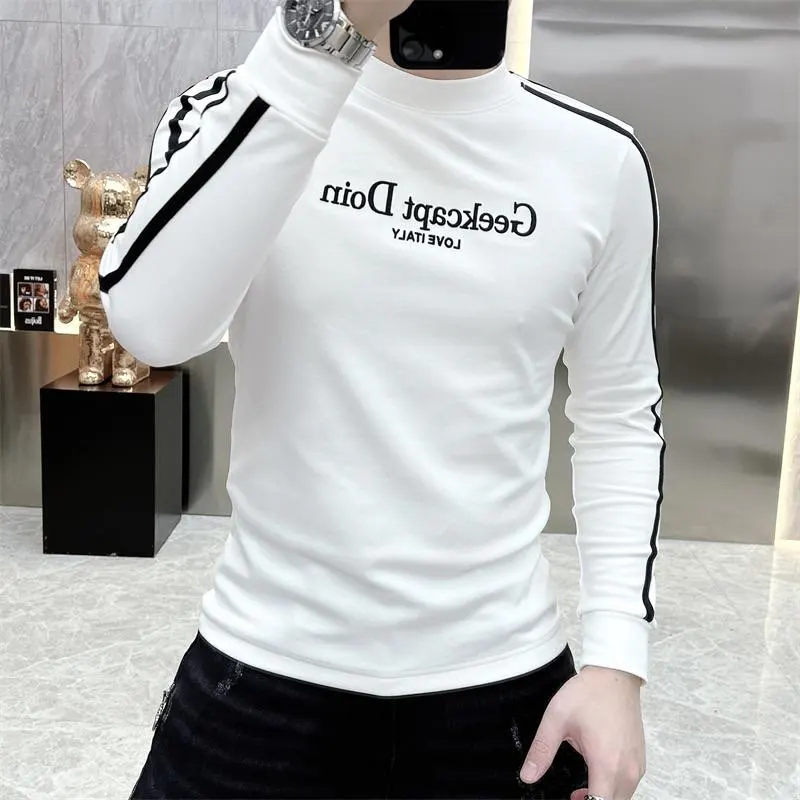 High-End MenTT-shirt Long Sleeve Coat Color Matching Handsome Pullover T-shirt White Black Light Luxury Embroidery Casual Bottom