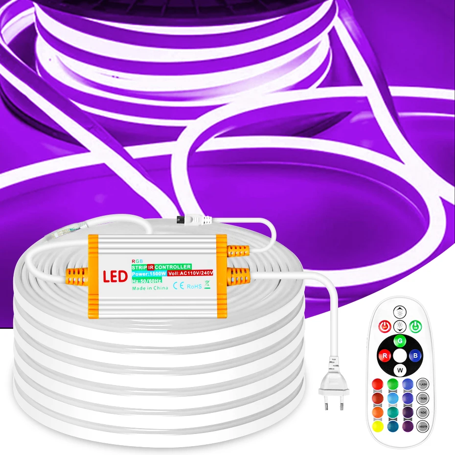 RGB LED Neon Strip AC220V Dimmable RGB Tape Ribbon Remote Control Led Strip Lights Waterproof For Outdoor Lighting Decoration