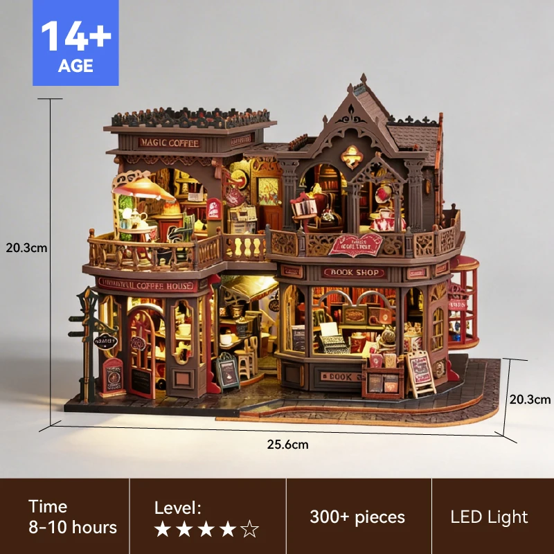 Vintage Coffee Bookstore DIY Dollhouse Kit Wooden with LED Light Retro European Style Gift for Book Lovers Home Decor