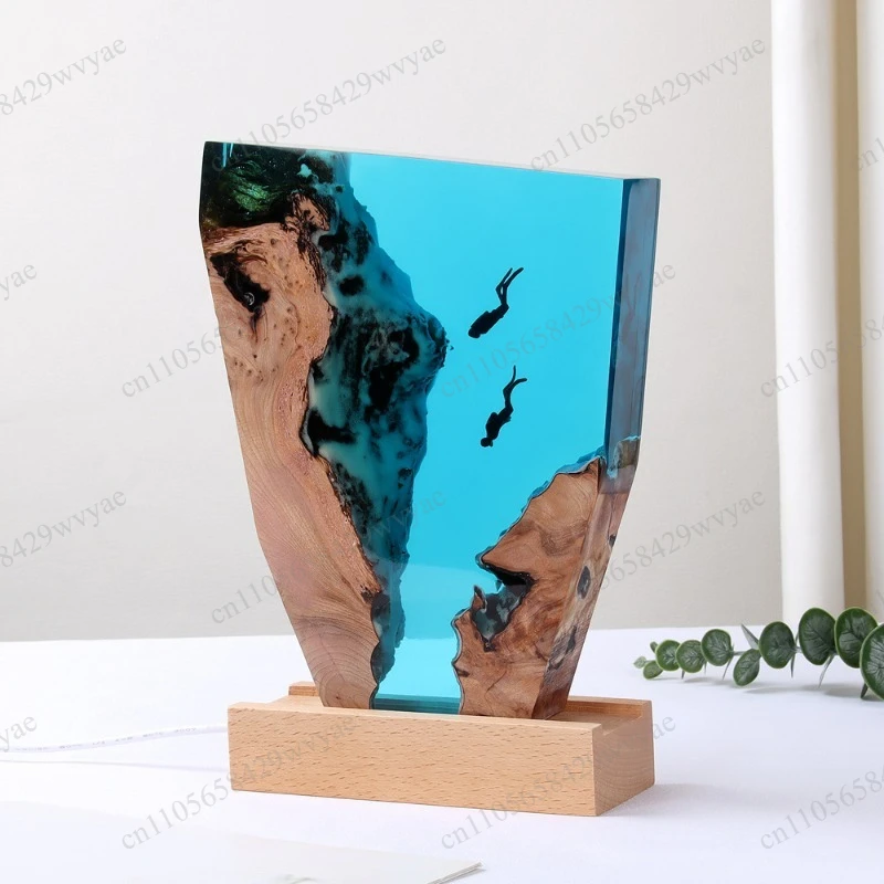 Solid Wood Resin Ambient Light, Ocean Freediver Desktop Ornament, Deep Sea Themed Creative Night Light for Souvenir Gift