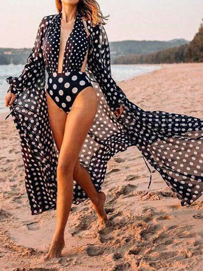 Polka Dots  Beachwear Suit Poncho 2023 Fashion Kimono Women Beach Exit Swimwear  Deep V  Swimsuit Sexy / New Bathing Suits