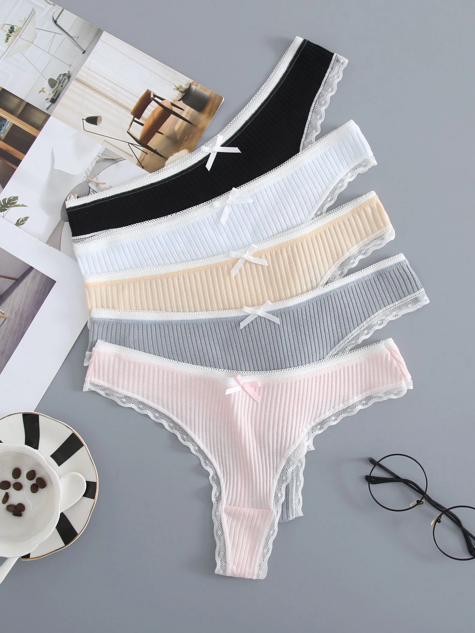 5 uds bragas de algodón para mujer, calzoncillos transpirables sexis a la moda, lencería G-string de cintura baja de Color sólido