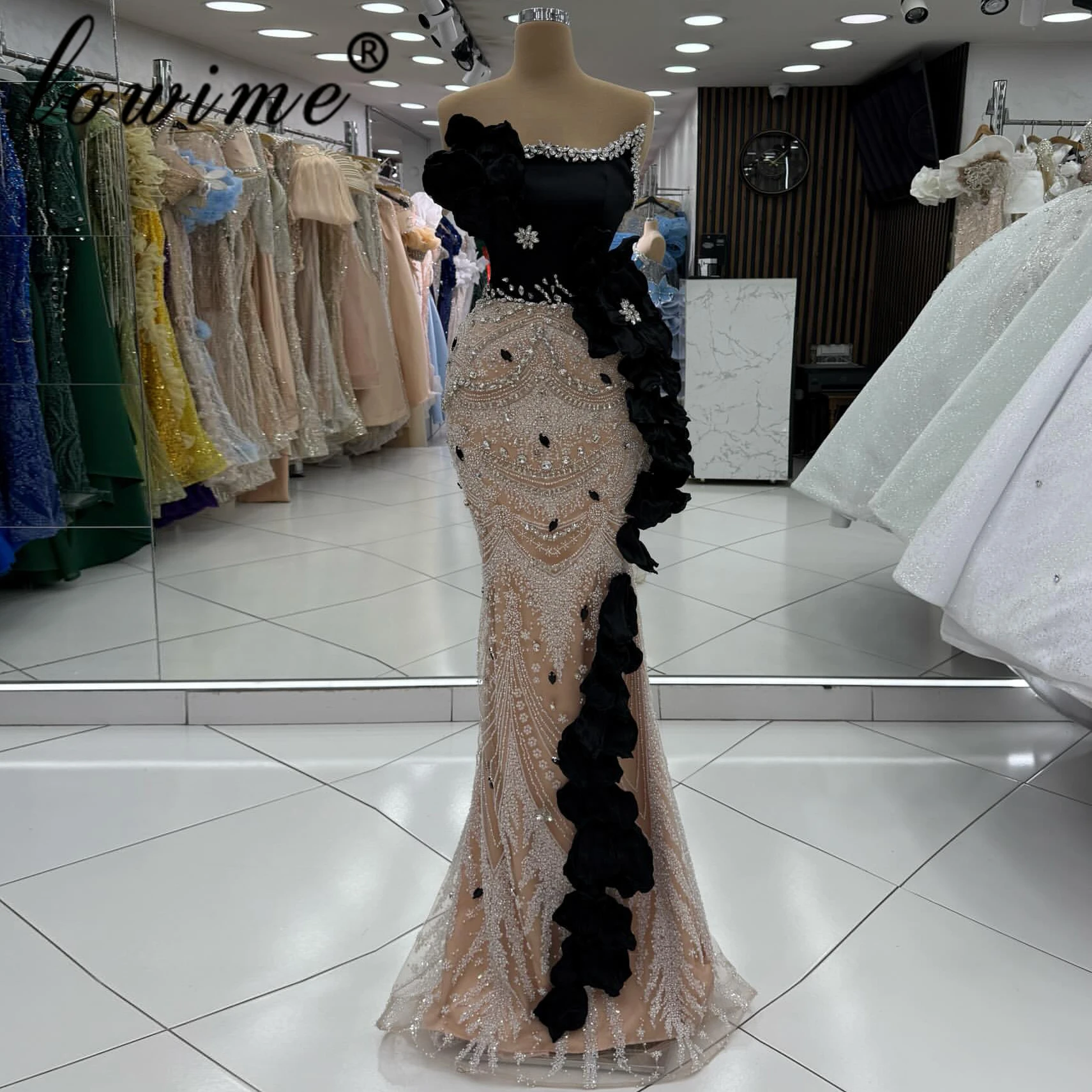 

Fashion Black Strapless Evening Dress Mermaid Crystal 3D Flower Formal Prom Dress Beaded Sleeveless Birthday Party Dress 2025