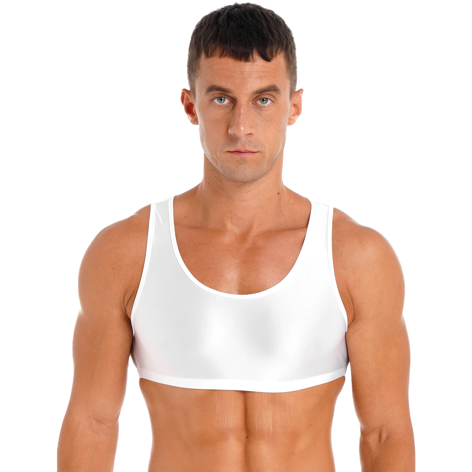 Mens Glossy Crop Tops Sleeveless Solid Swimwear Muscle Half Tank Top Tee T-Shirts Workout Fitness Gym Sports Vest Tops