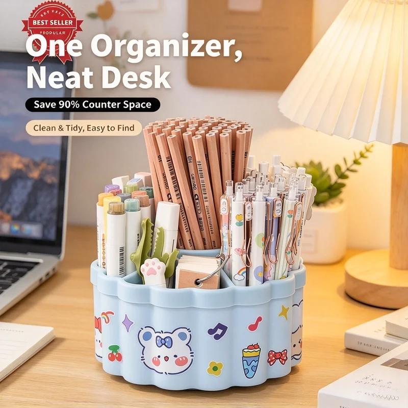 Large Capacity 360 Degree Rotating Storage Holder Pen Makeup Brush Organizer for Dorm Office Vanity Random Color
