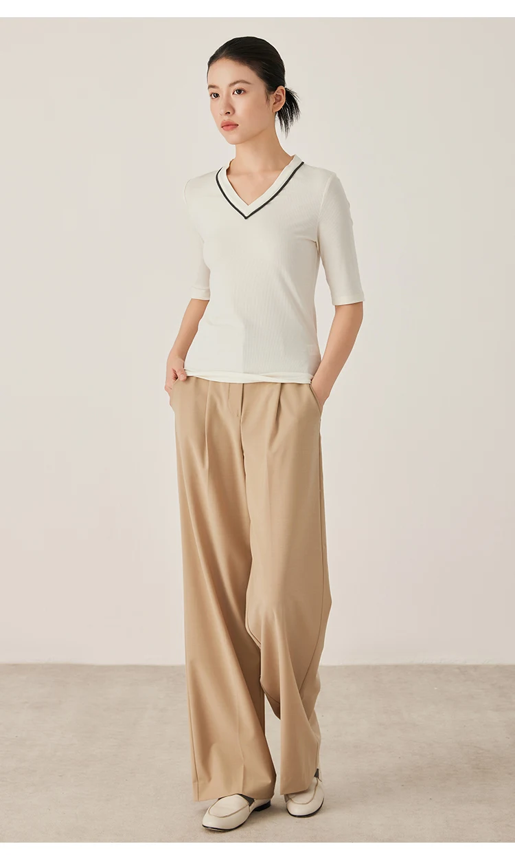 KL7523408 Designer-Stil Damen V-Ausschnitt Strickware Weiche Wollmischung Oberteil Slim Fit Geripptes Kurzarm-T-Shirt – Detail 11