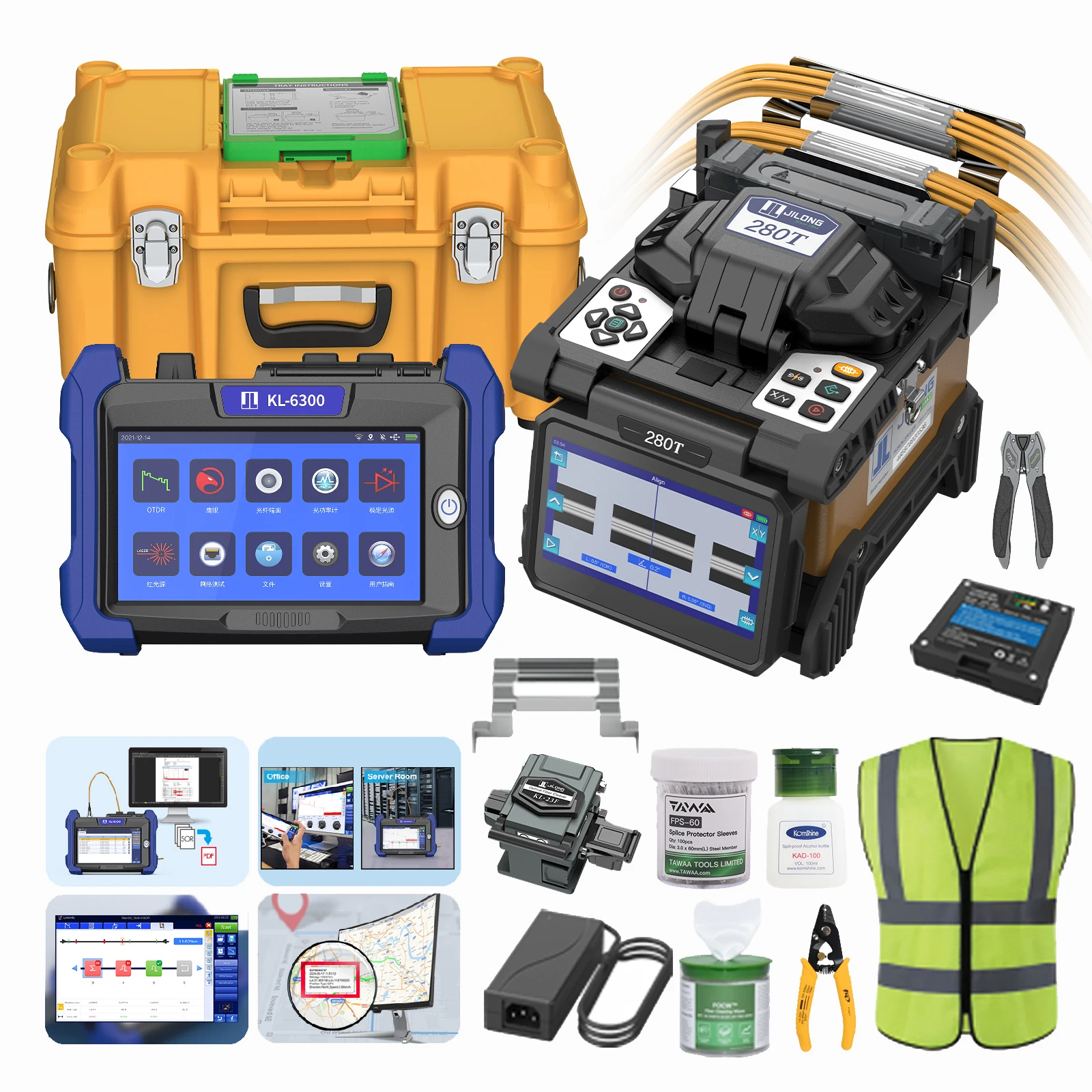 JILONG Middle-trunk Fusion Splicer ,280T 4.3 inch Touch Screen Splicer +KL-6300 Multi-functional OTDR Support Trace Analysis