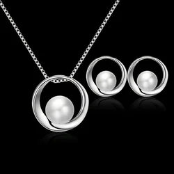 Accessories for Women Hollow Round Jewelry Set Pearl Pendant Necklace Stud Earrings Set Brides Valentine's Day Gift for Women