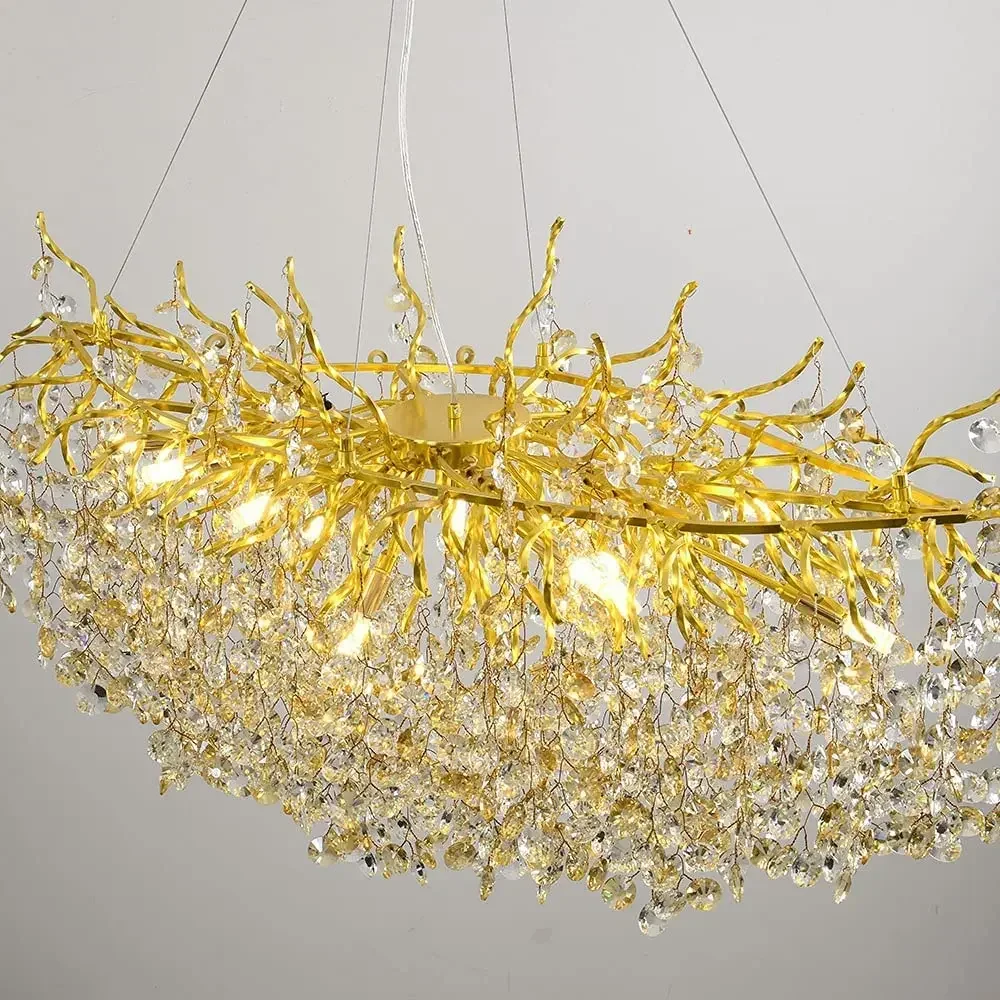 Crystal Gold Pendant Chandeliers Living Room Indoor Decor Glass Rain Drops Pendant Lamps for Ceiling Dining Room Led Lights