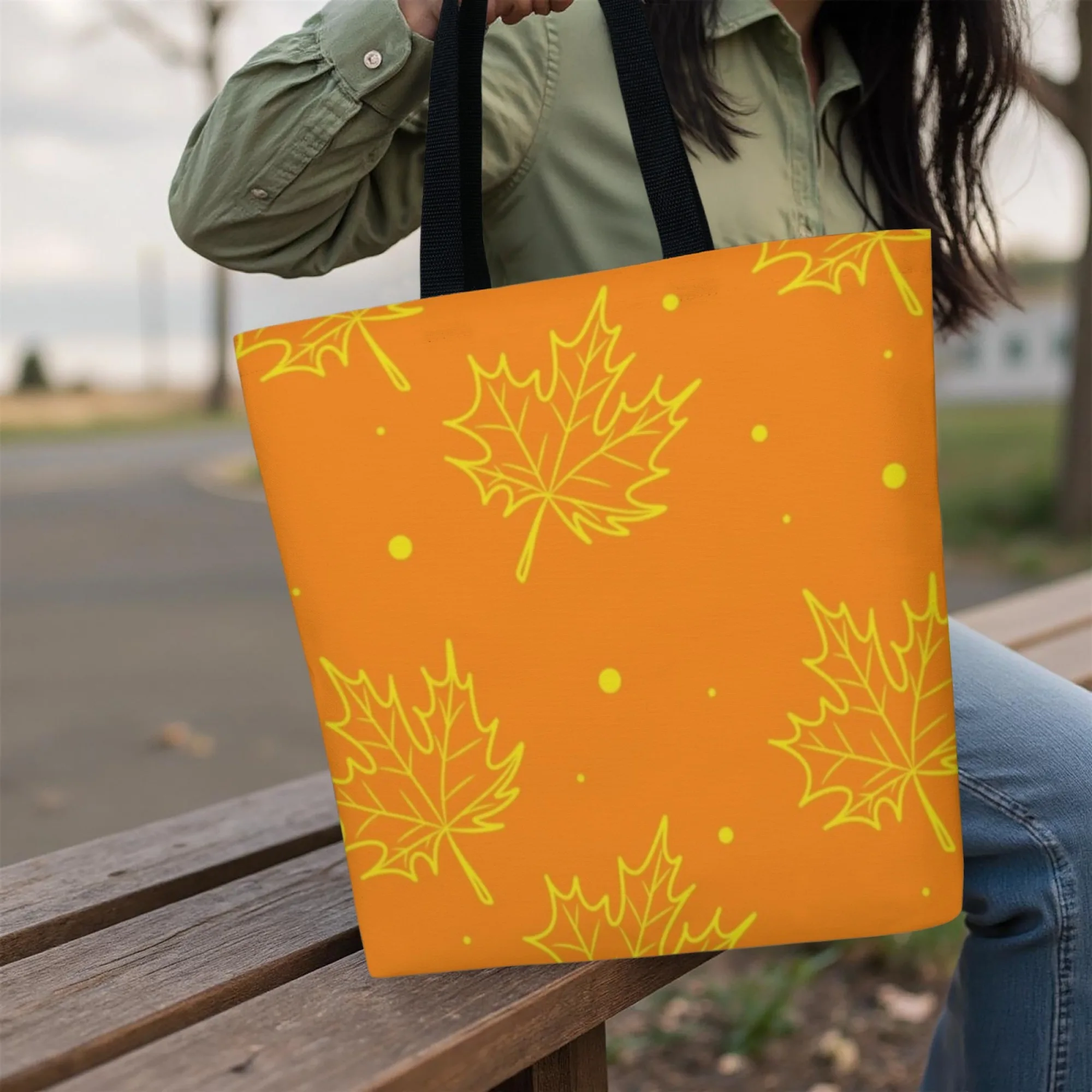 حقيبة تسوق نسائية بسيطة لمهرجان الخريف من قماش القيقب باللون البرتقالي الذهبي على شكل أوراق شجر للاستخدام اليومي للعمل والشارع